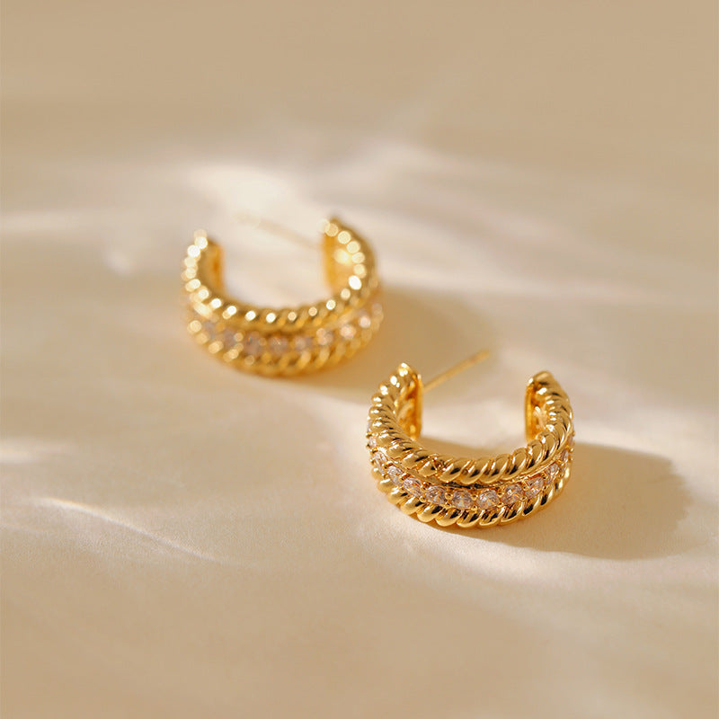 Trendy Twisted C Shaped Rhinestones Stud Earrings