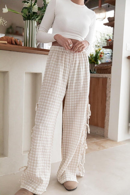 Bow Side Split Plaid Casual Pants