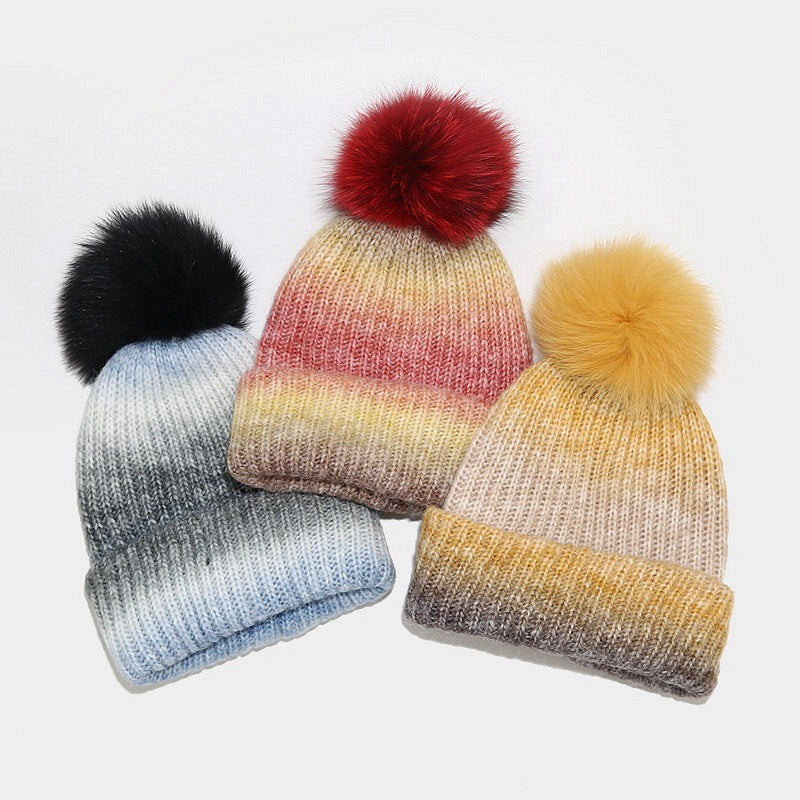 Gradient Contrast Color Cute Knit Pom Beanie
