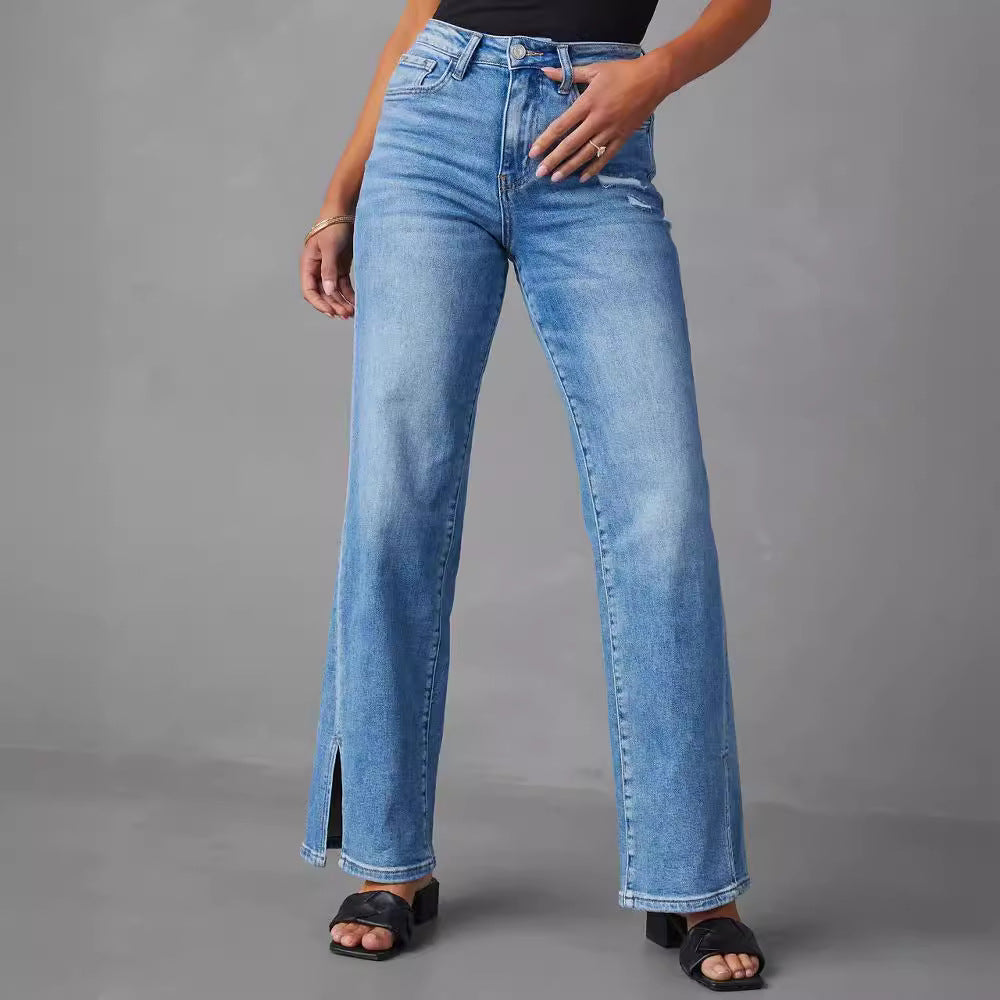 Straight Leg Denim Jeans High Waist Split Jeans