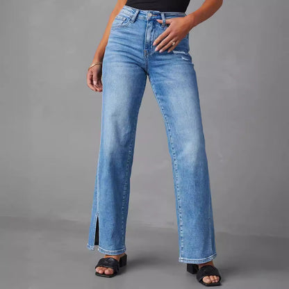 Straight Leg Denim Jeans High Waist Split Jeans