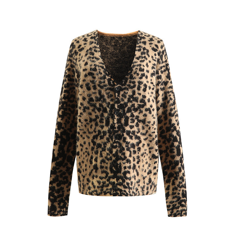 Vintage Leopard Print V-Neck Long Sleeve Sweater