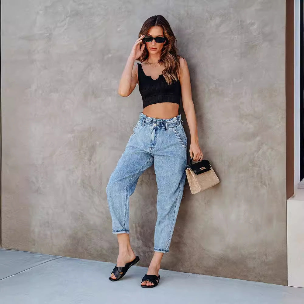 High Waist Washed Straight Leg Jeans