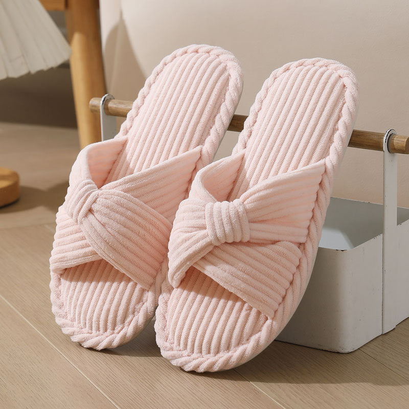 Cozy Corduroy Crossed Bow Indoor Slippers