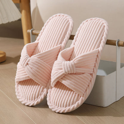 Cozy Corduroy Crossed Bow Indoor Slippers