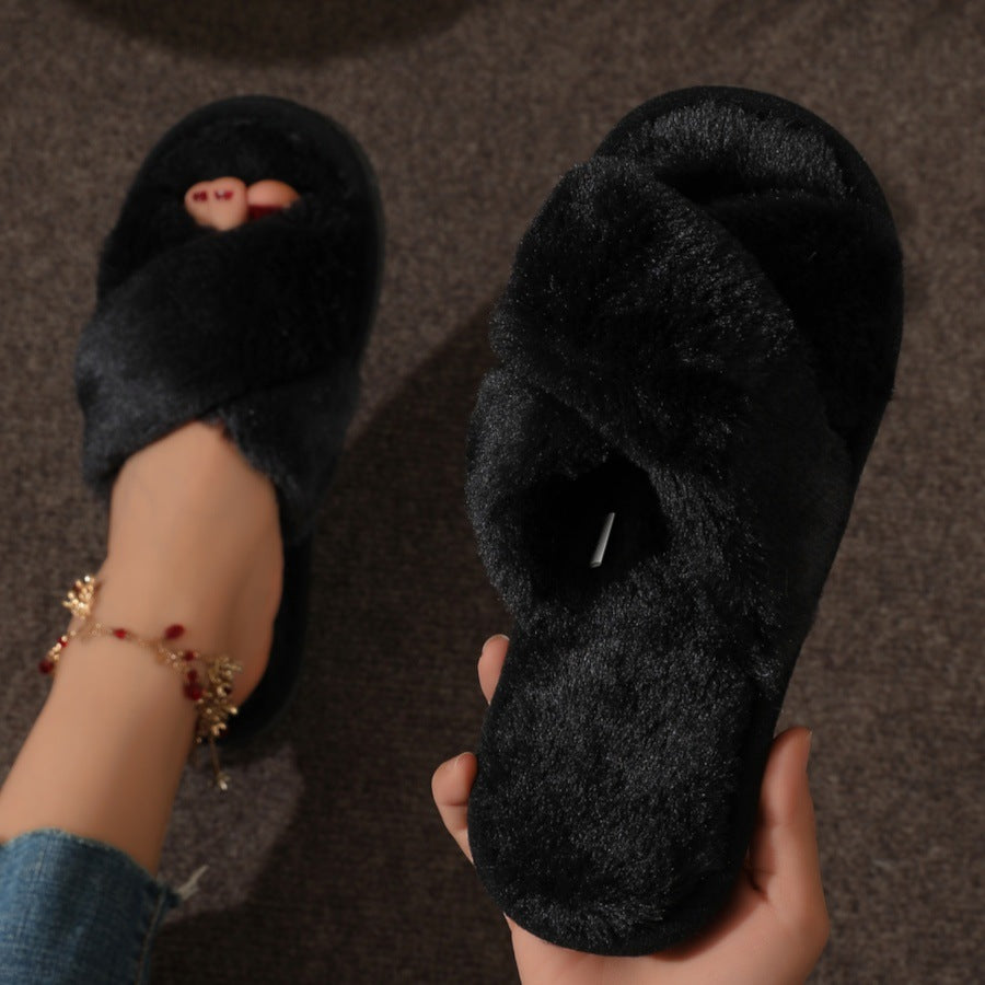 Fuzzy Cross Band Plush Home Slippers