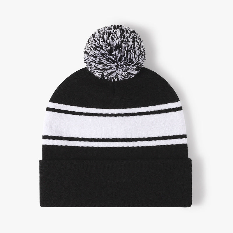 Soft Cuff Pom Pom Stripe Knit Beanie Hat