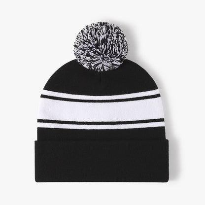 Soft Cuff Pom Pom Stripe Knit Beanie Hat