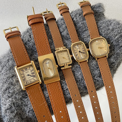 Vintage Leather Strap Gold Tone Quartz Watch