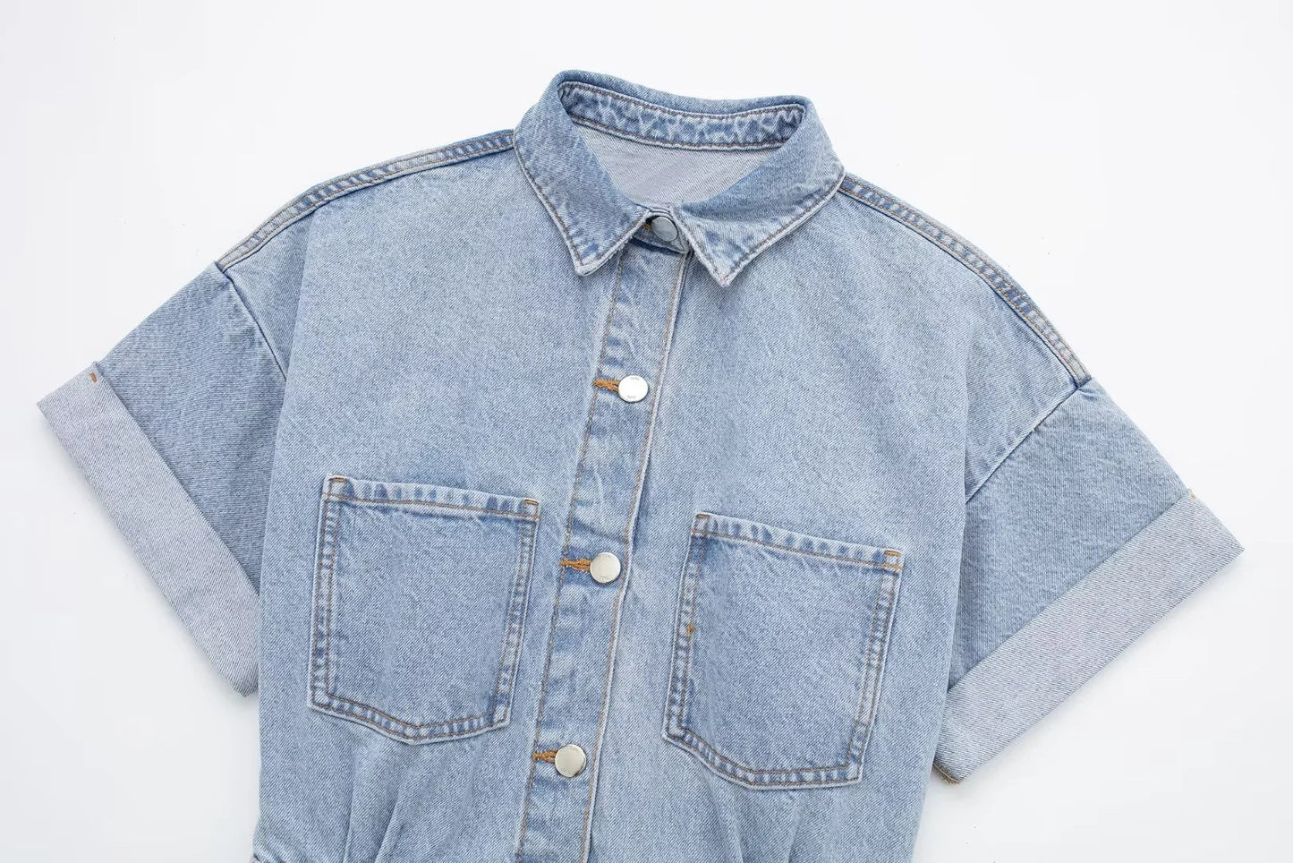 Casual Solid Color Denim Short Romper