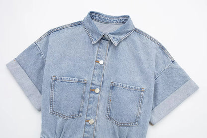 Casual Solid Color Denim Short Romper