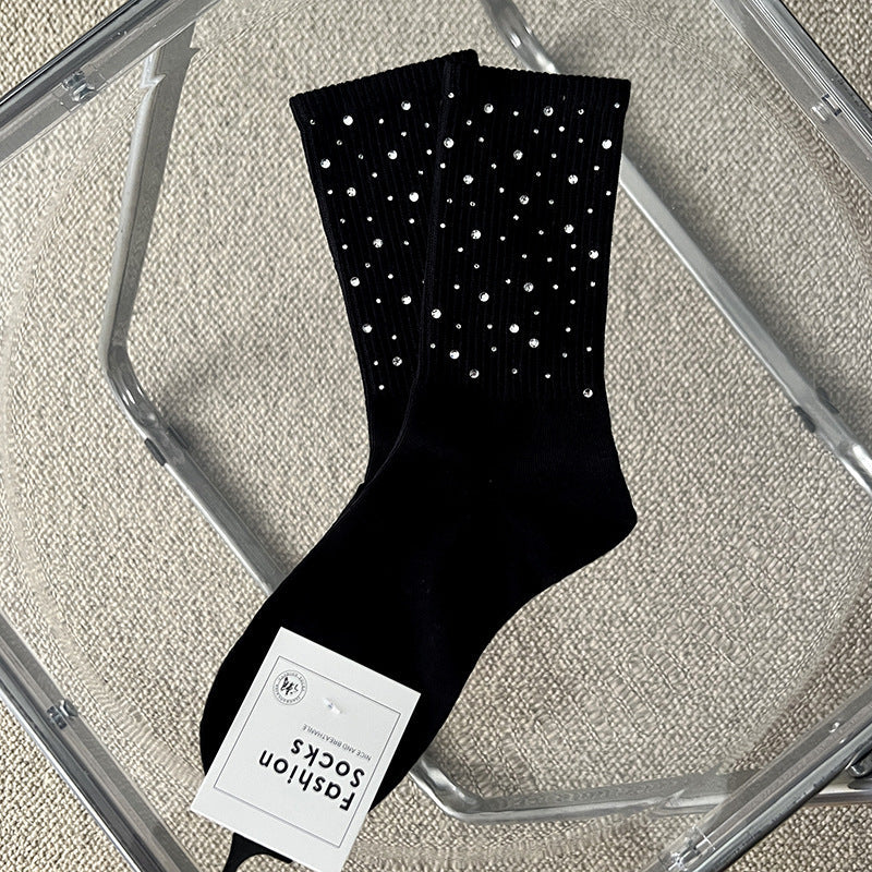 Rhinestone Ribbed Simple Cotton Socks