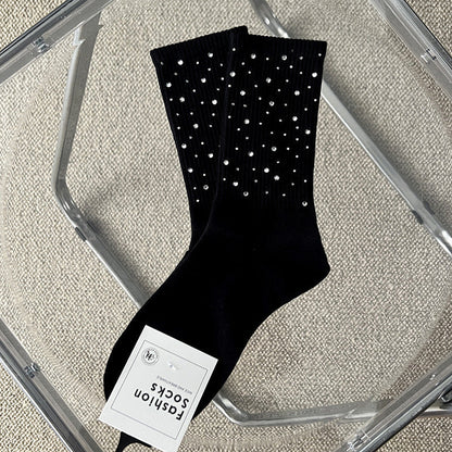 Rhinestone Ribbed Simple Cotton Socks