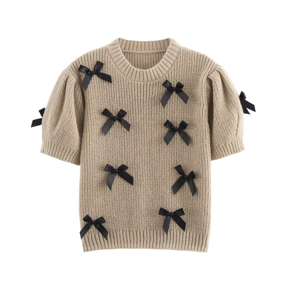 Elegant Crew Neck Bow Decor Sweater Top