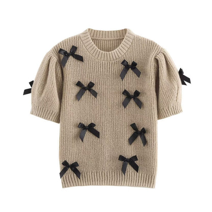 Elegant Crew Neck Bow Decor Sweater Top