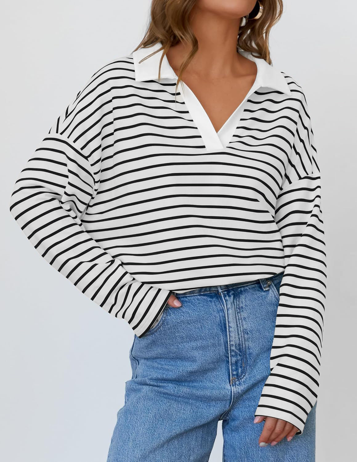 Lapel Striped Color Block Pullover Sweatshirt