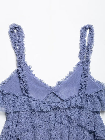 Lace Ruffle Spaghetti Top Maxi Skirt Sets