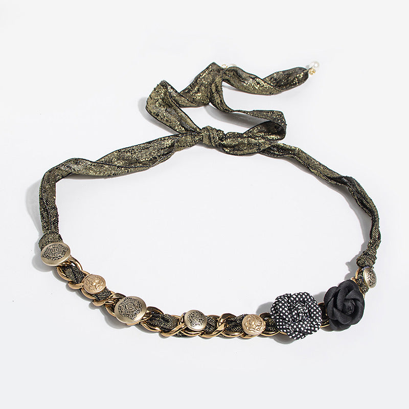 Vintage Rose Silk Chain Pearl Waist Belt