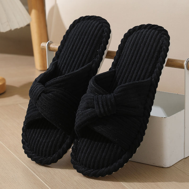 Cozy Corduroy Crossed Bow Indoor Slippers