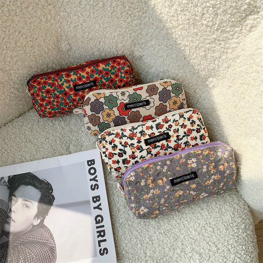 Corduroy Flower Jacquard Color Block Make Up Bag