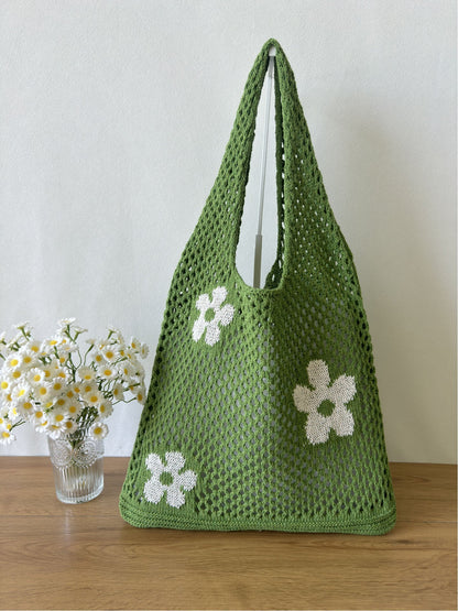 Flower Color Block Hollow Out Woven Handbag