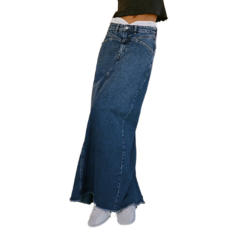 Washed Raw Hem Casual Denim Maxi Skirts