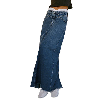 Washed Raw Hem Casual Denim Maxi Skirts