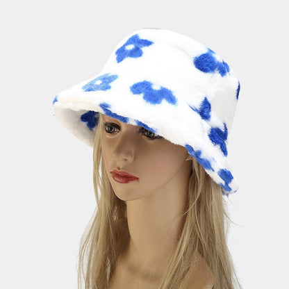 Floral Plattern Plush Winter Bucket Hats