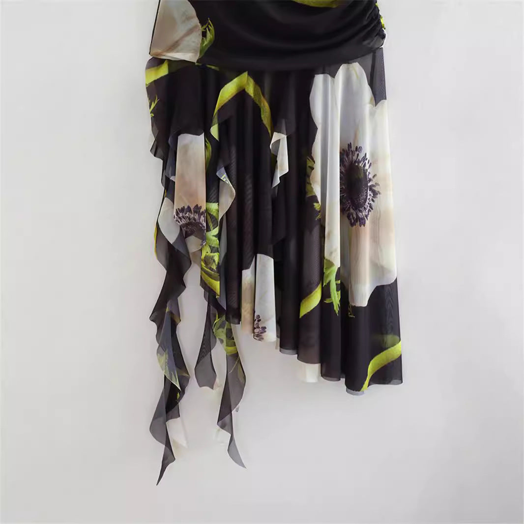 Trendy Strapless Printed Asymmetrical Midi Dress