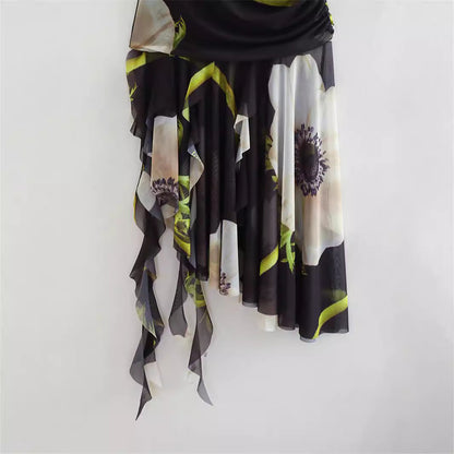 Trendy Strapless Printed Asymmetrical Midi Dress