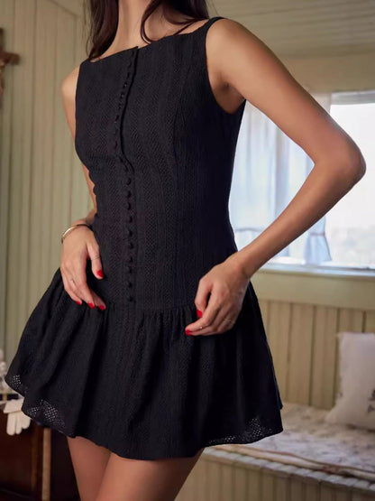 Solid Jacquard Square Neck Button-Up Mini Dress