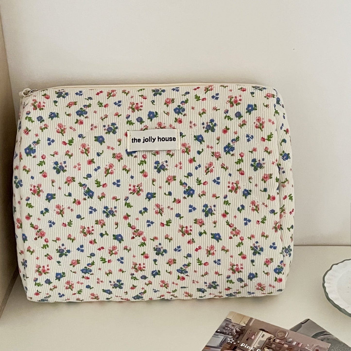 Corduroy Flower Print Sweet Make Up Bag