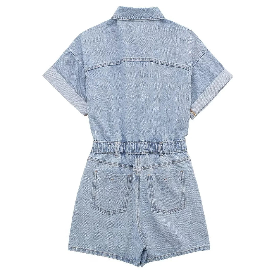 Casual Solid Color Denim Short Romper