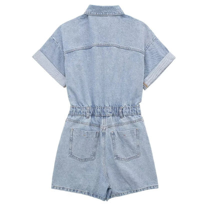 Casual Solid Color Denim Short Romper