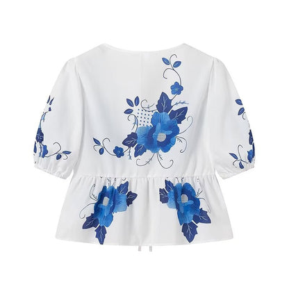 Trendy Flower Printed Tie Front Crop Top