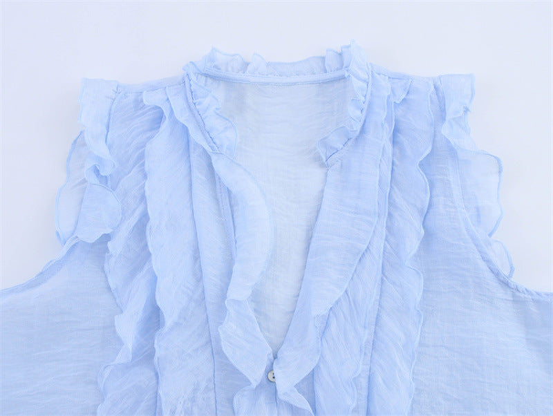 Fashion Solid Color Sleeveless Ruffl Layer Blouse