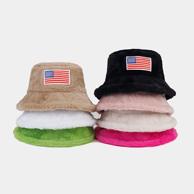 Winter American Flag Fuzzy Warm Bucket Hat