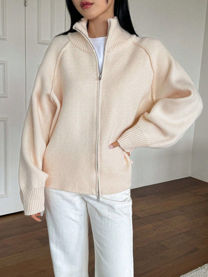 Solid Color High Neck Zip-Up Knit Cardigan