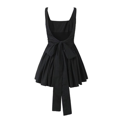 Solid Color Bow Tie Back Pleated Dress