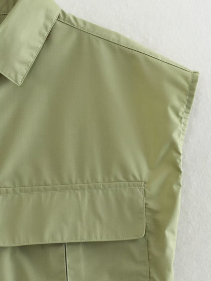 Pockets Irregular Lapel Sleeveless Shirts