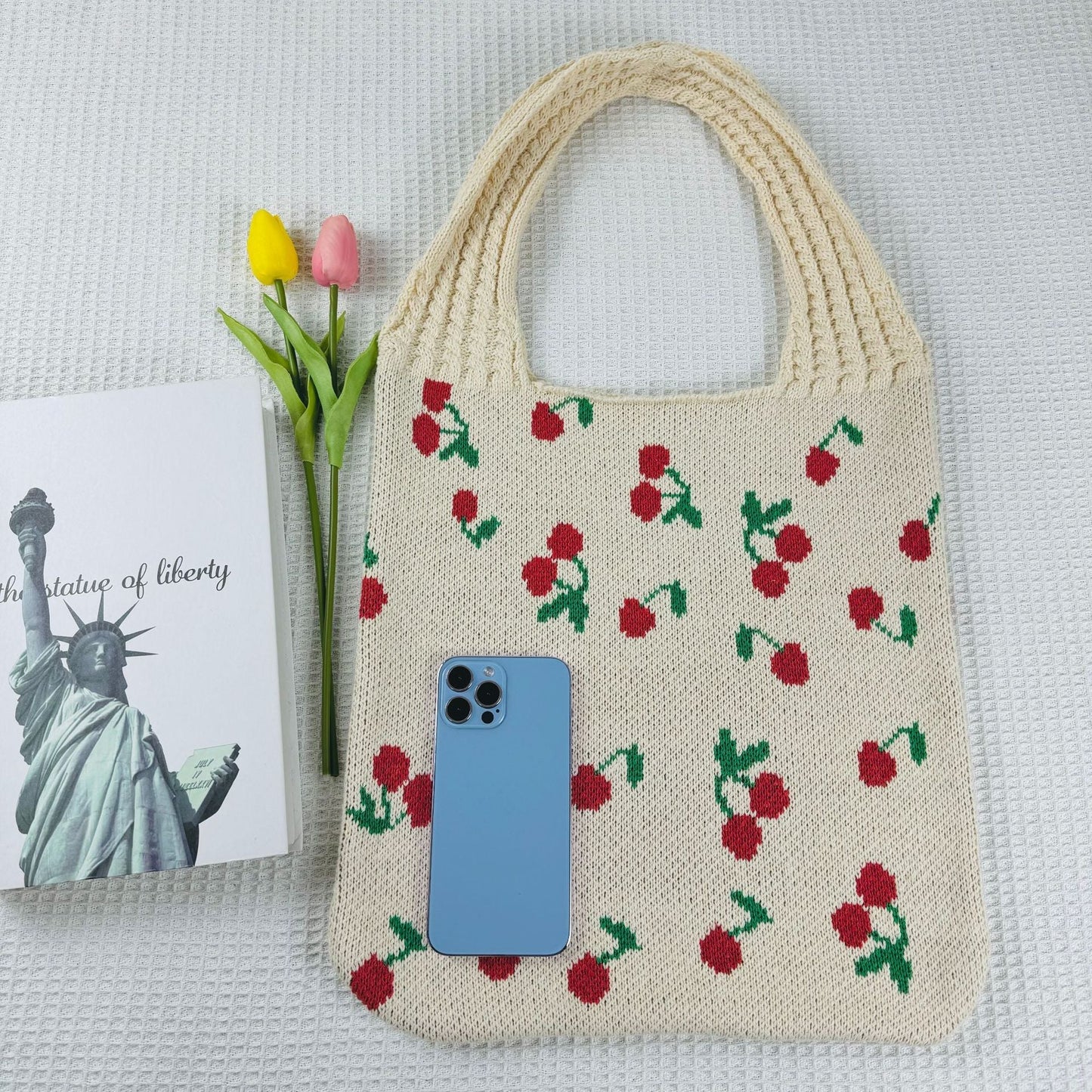 Cherry Print Cute Shoulder Bag Knit Tote Bag