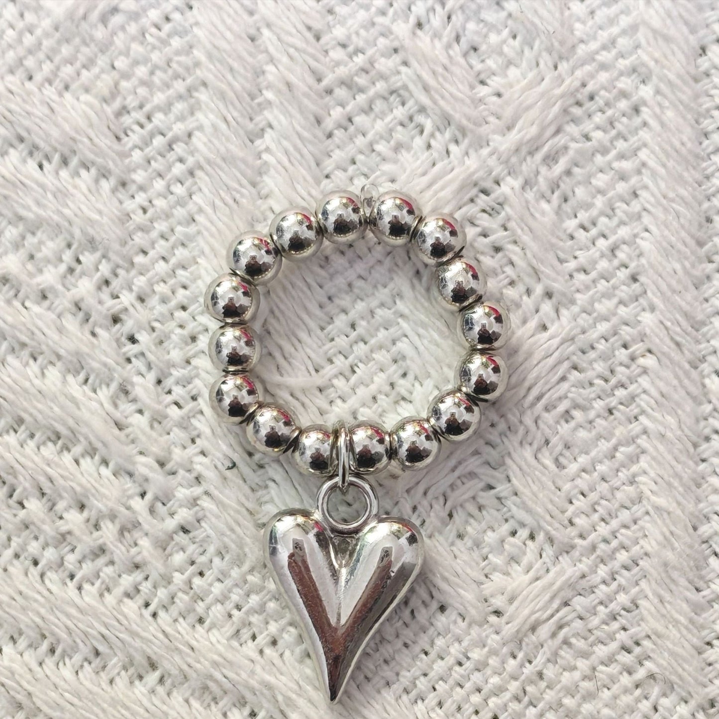 Vintage Beaded Heart Pendant Elastic Ring