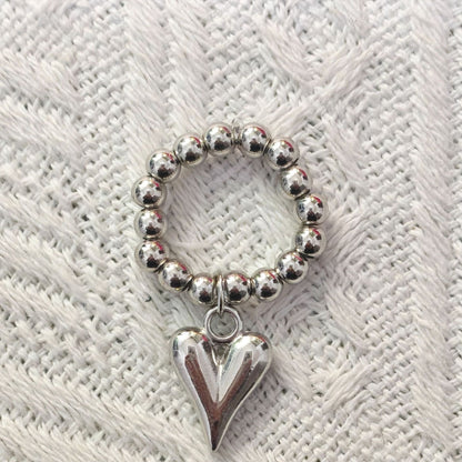 Vintage Beaded Heart Pendant Elastic Ring