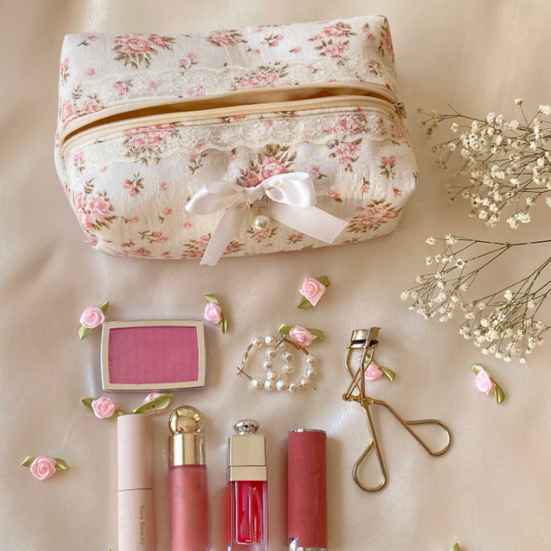 Cute Bow Flower Print Makeup Bag