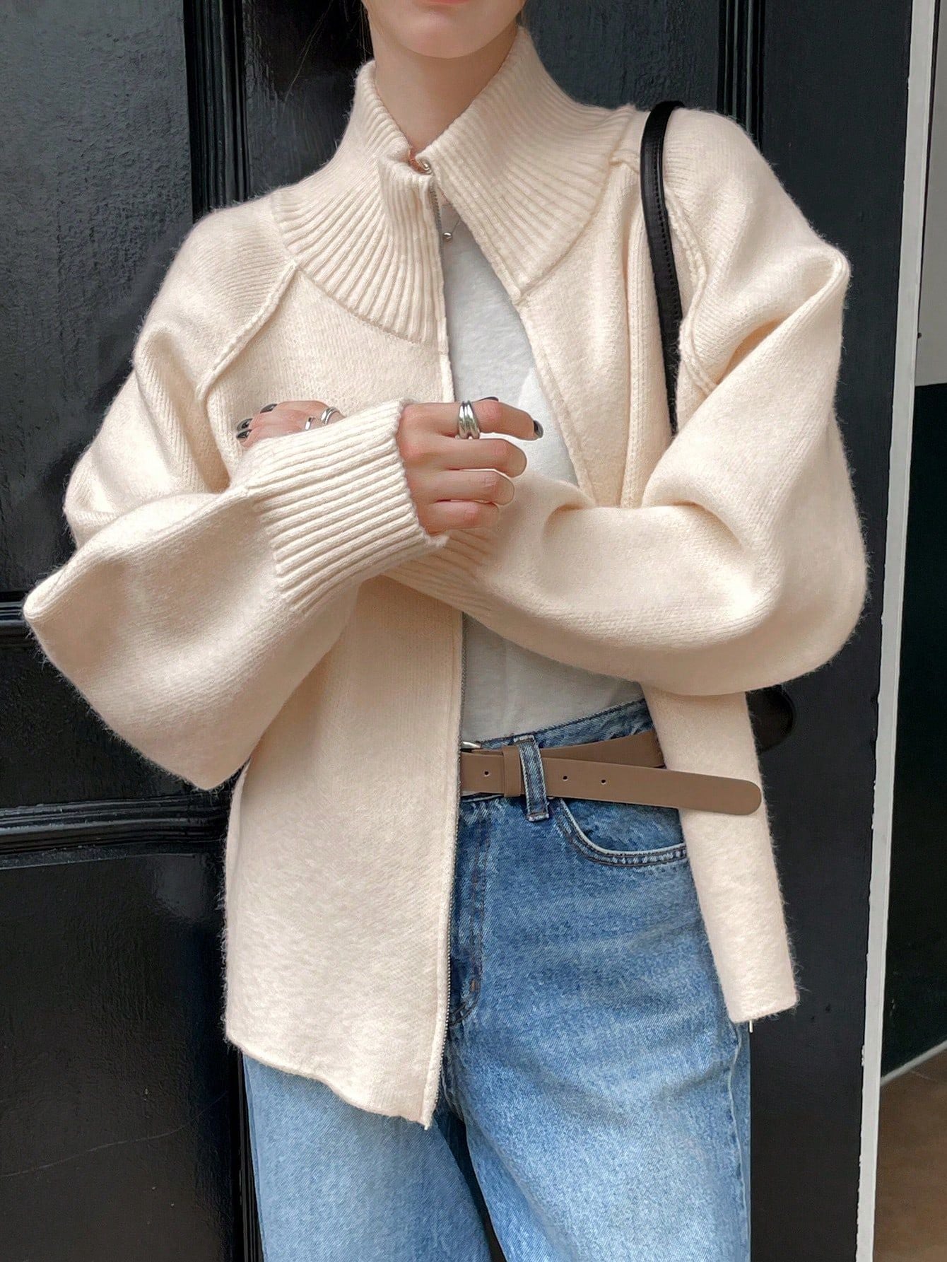 Solid Color High Neck Zip-Up Knit Cardigan
