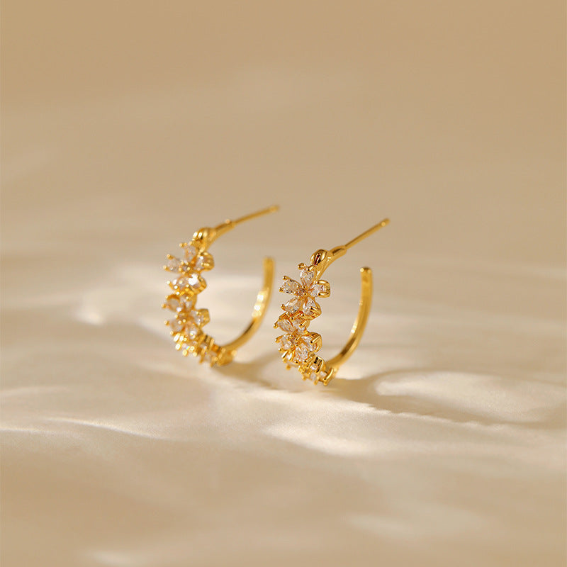 Flower Zircon Delicate C-Shaped Stud Earrings