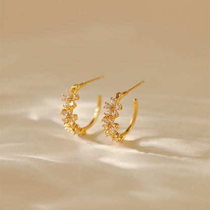 Flower Zircon Delicate C-Shaped Stud Earrings