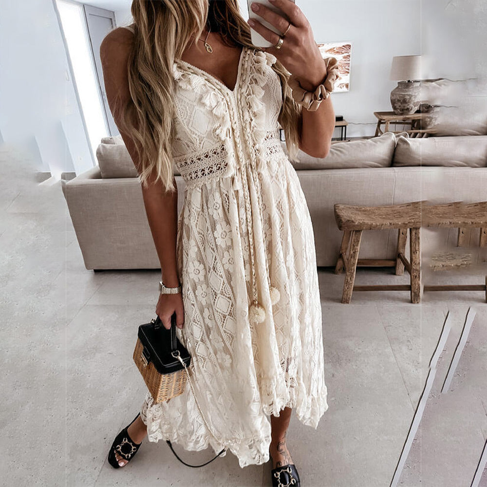 V-Neck Lace Irregular Long Dress