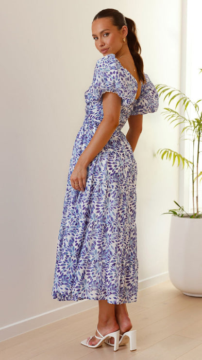 Puffy Sleeves Floral Print Belted Dress