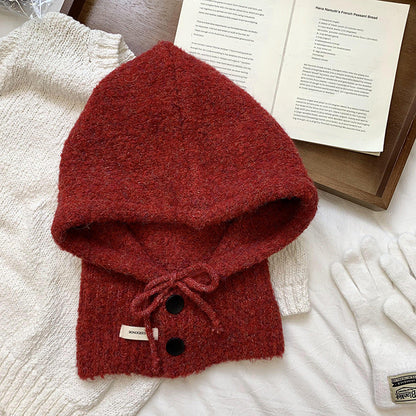 Solid Color Button One-Piece Hat & Scarf